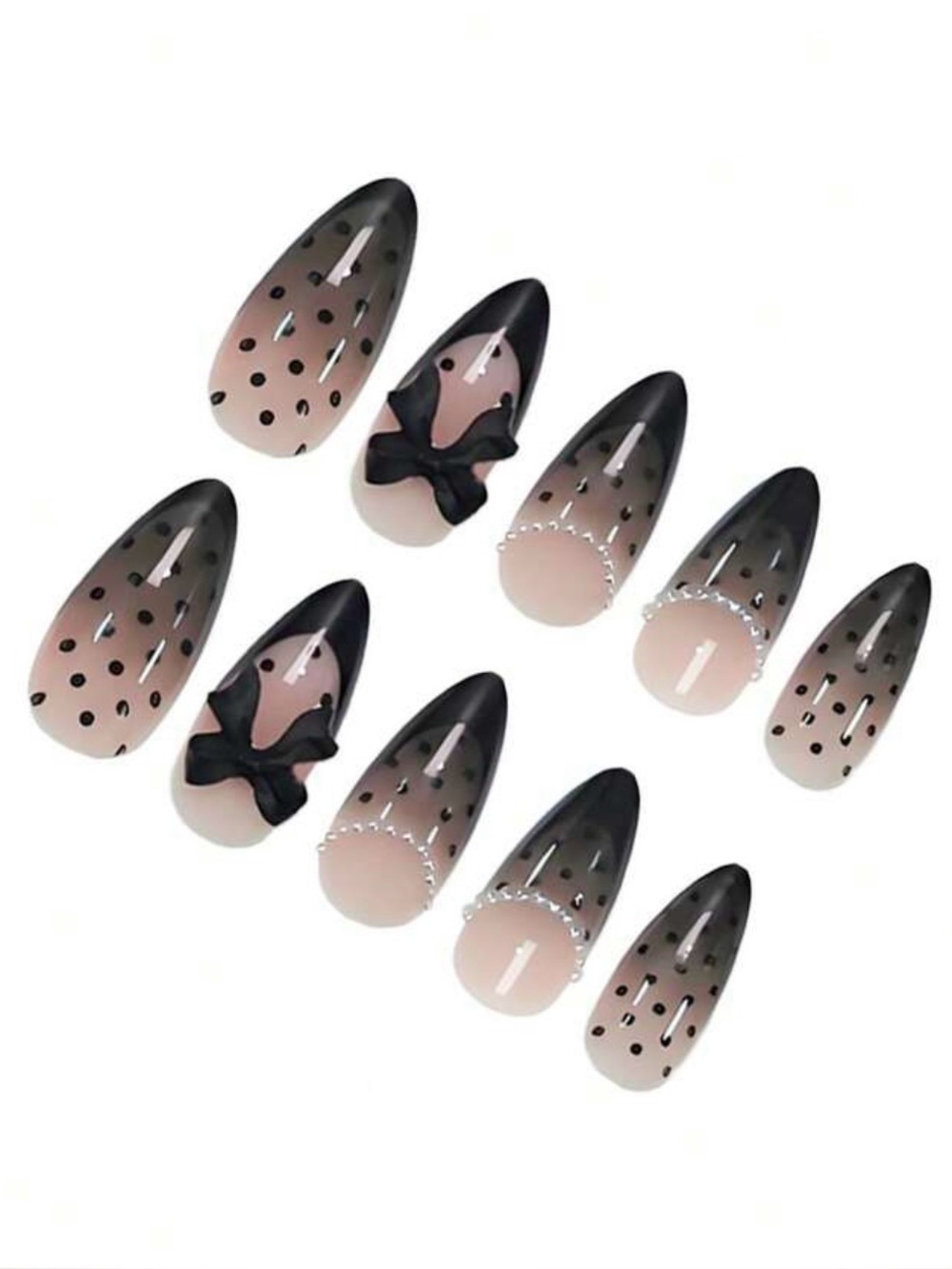 Sheer Nude Almond Nails with Black Polka-Dot French & Pearl Accent Press-Ons - Picture 2 of 3